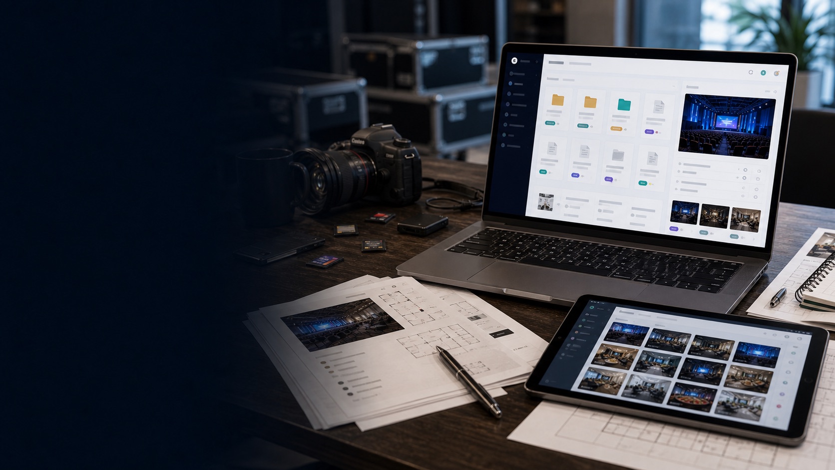 Mockup GECI com áreas de documentos e módulos de operação.
