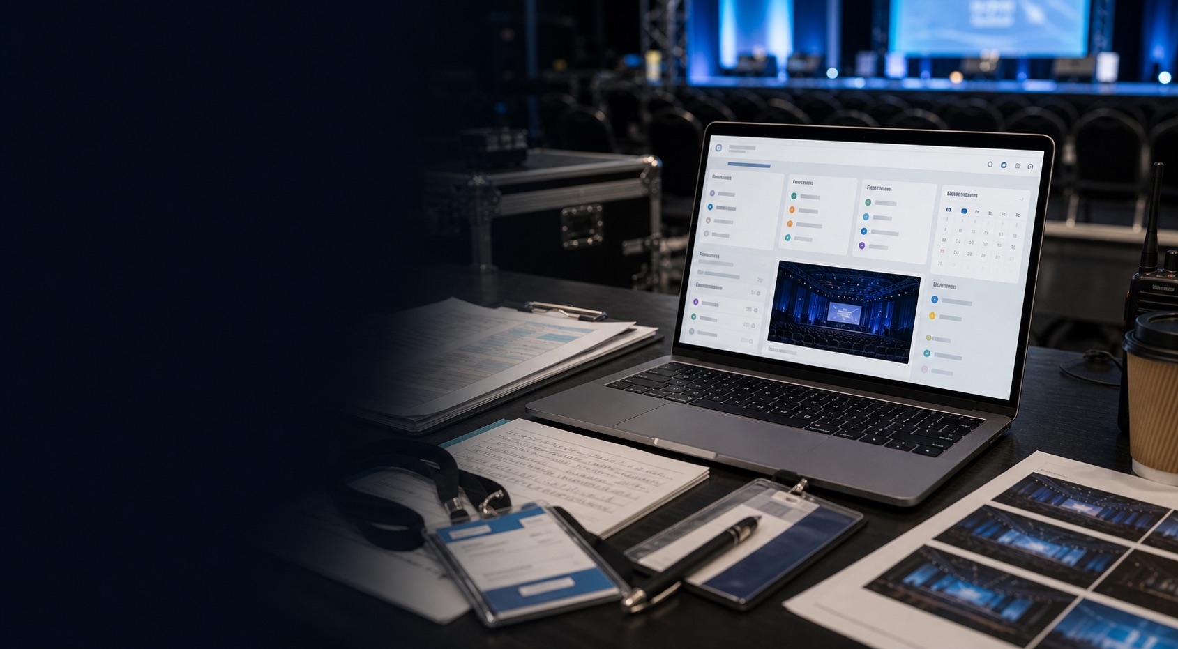 Mesa de produção de eventos com computadores e materiais de operação.
