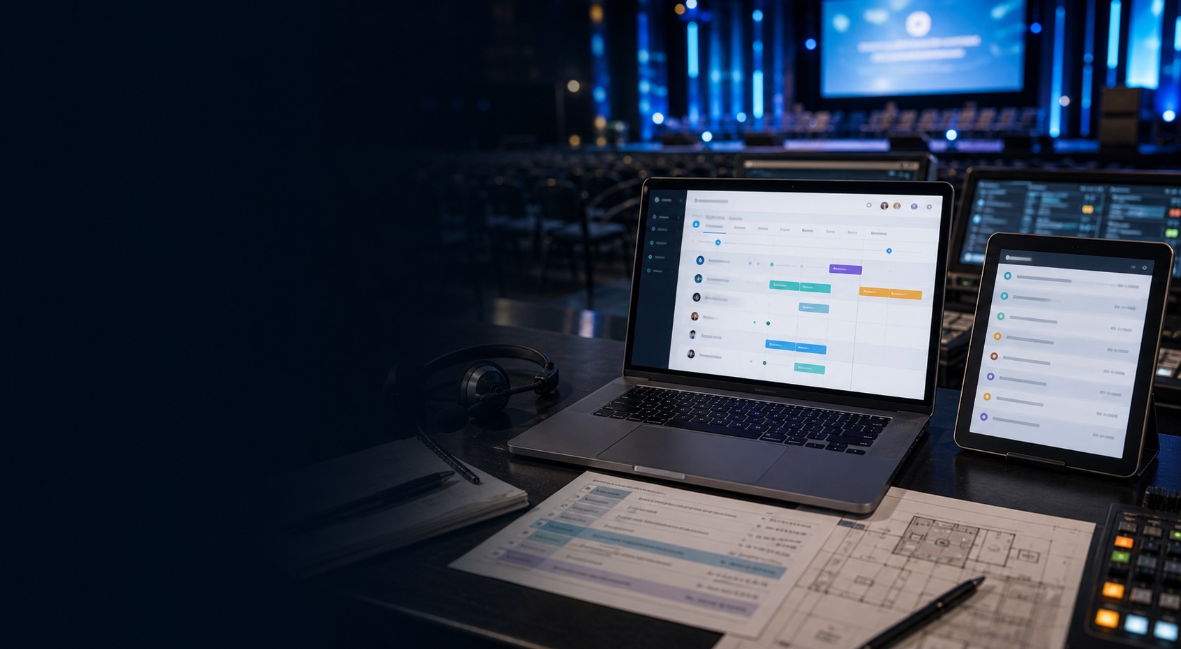 Roadbook de evento em computadores numa sala de produção.